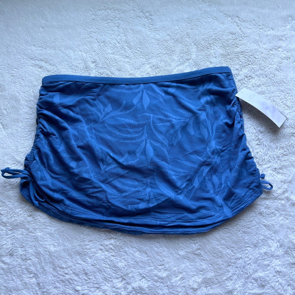 New Directions Blue Tropical Leaf Ruched Swim Skirt Skort Bottom Size Large NEW - Picture 1 of 13